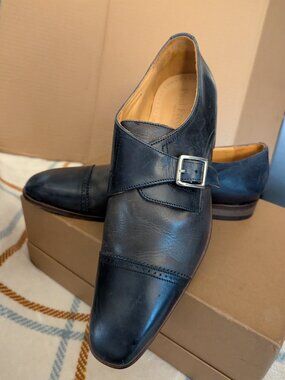 Paul Fredrick Men's Single Monk Strap Cap-Toe Dress Shoes in a navy/dark blue